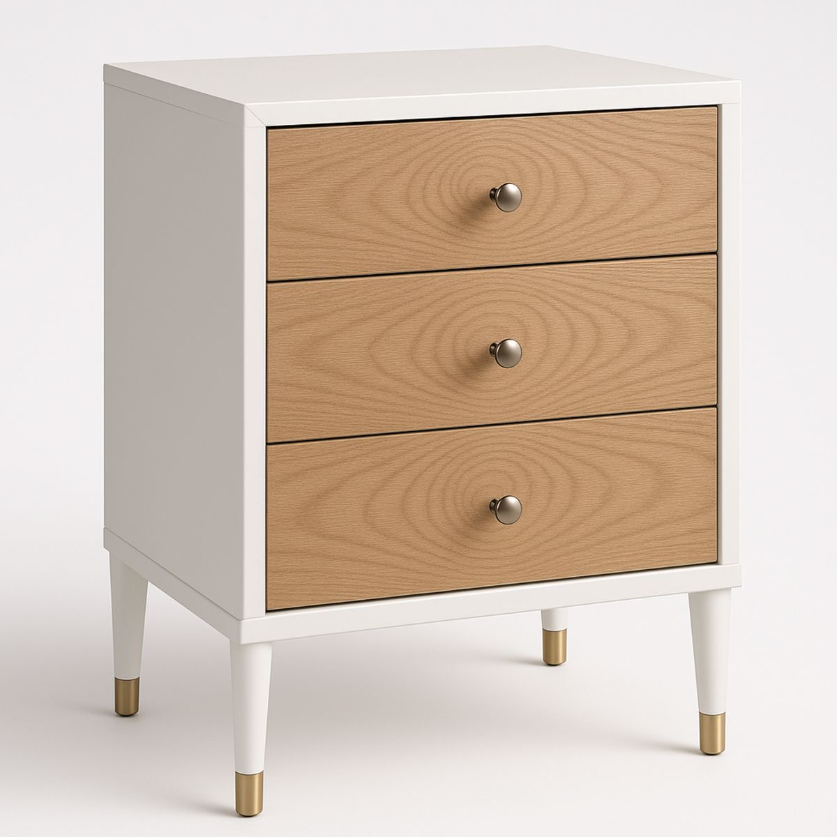 Wood and MDF Three-Drawer Bedside Table, 60cm, White/Natural-Zorilenta