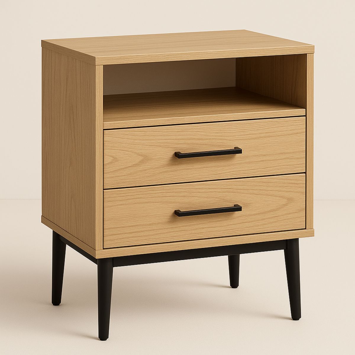 Oak Veneer Bedside Table with Black Metal Handles and Legs-Zorilenta