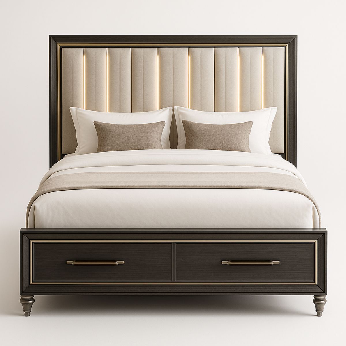 Wooden Upholstered Bed with Storage and LED Headboard in Beige-Zorilenta