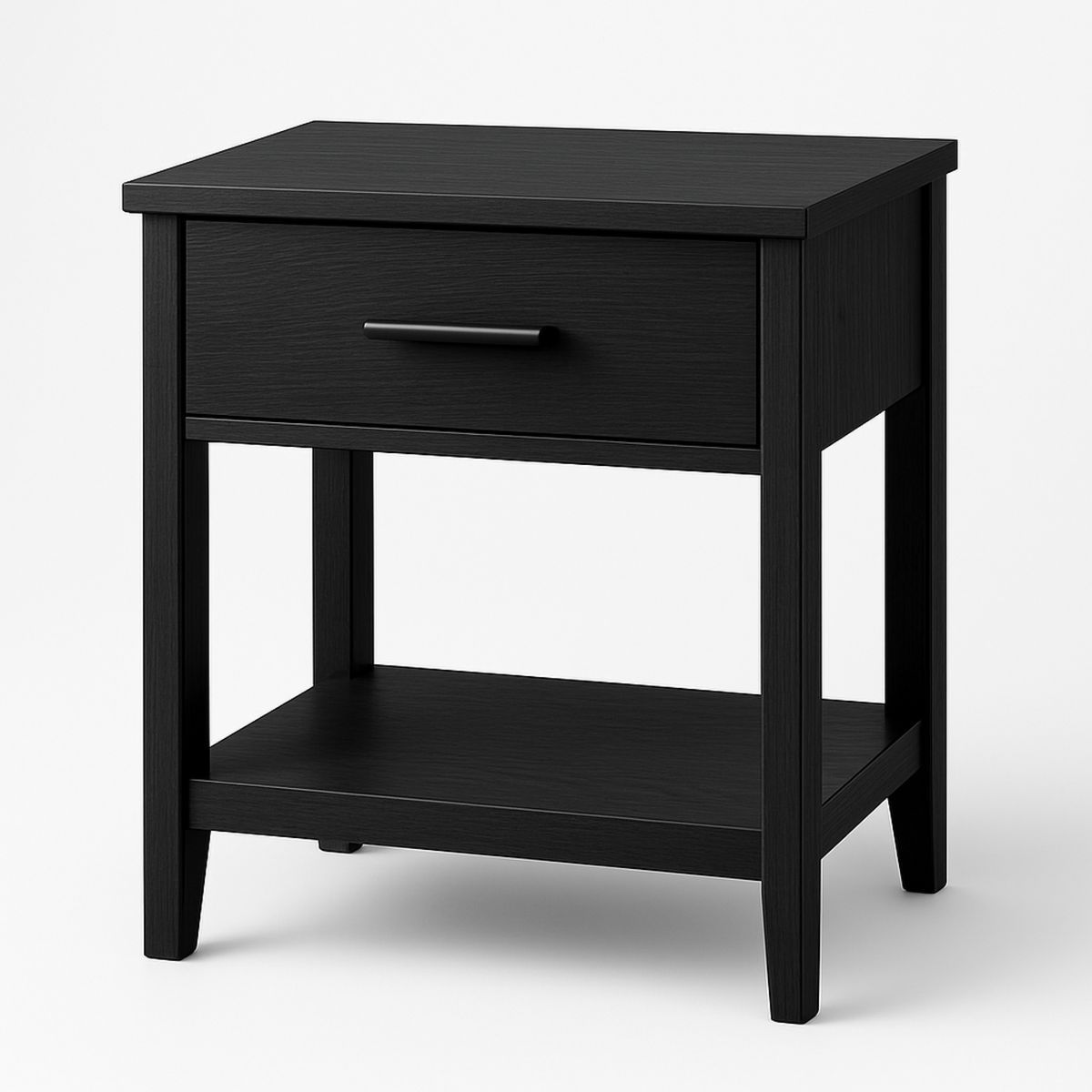 Black Wood Veneer Bedside Table with Drawer and Shelf-Zorilenta