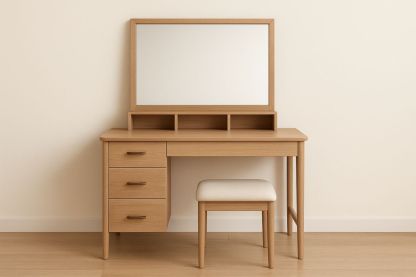 Coiffeuse en chêne clair avec trois tiroirs, un miroir et un tabouret