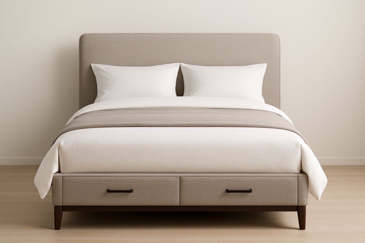 Lit en Tissu Beige avec Tiroirs en Bois 160x200 cm