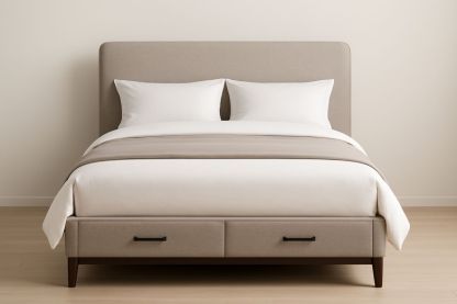 Lit en Tissu Beige avec Tiroirs en Bois 160x200 cm