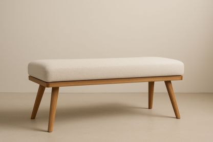 Banc rembourré en tissu crème et bois