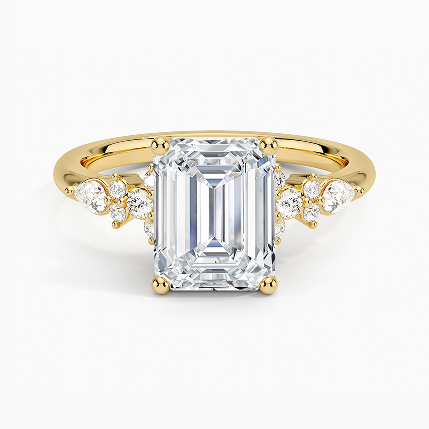 Ascend—Crowned Still Ring | Emerald-Cut Lab-Grown Diamond | Pear and Round Diamonds Pave Ring in 18K Yellow Gold