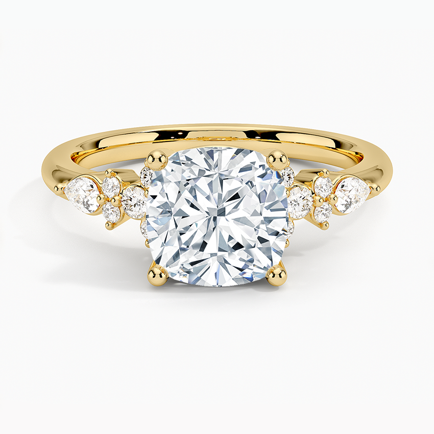 Ascend—Crowned Still Ring | Cushion-Cut Lab-Grown Diamond | Pear and Round Diamonds Pave Ring in 18K Yellow Gold