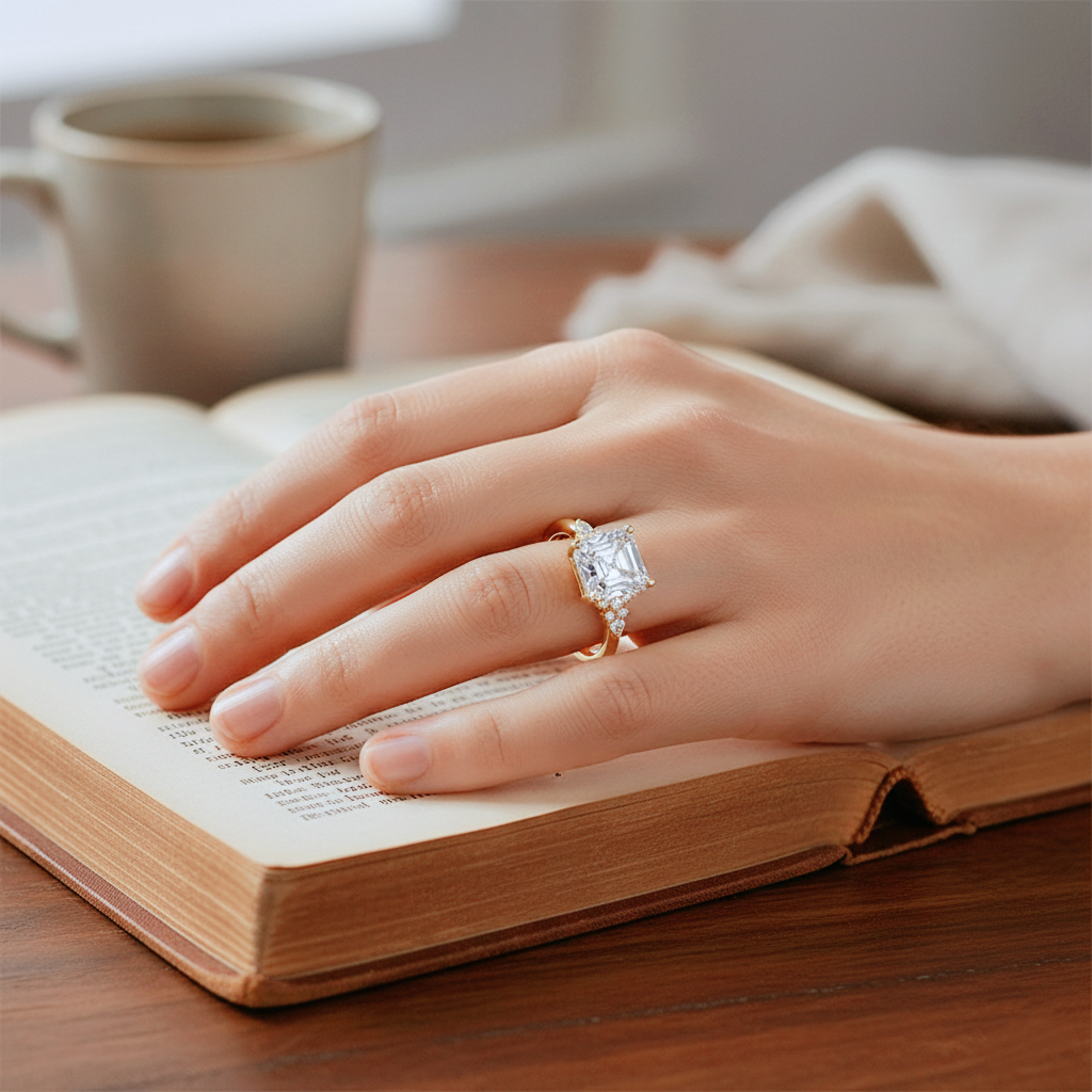 Ascend—Crowned Still Ring | Asscher-Cut Lab-Grown Diamond | Pear and Round Diamonds Pave Ring in 18K Yellow Gold