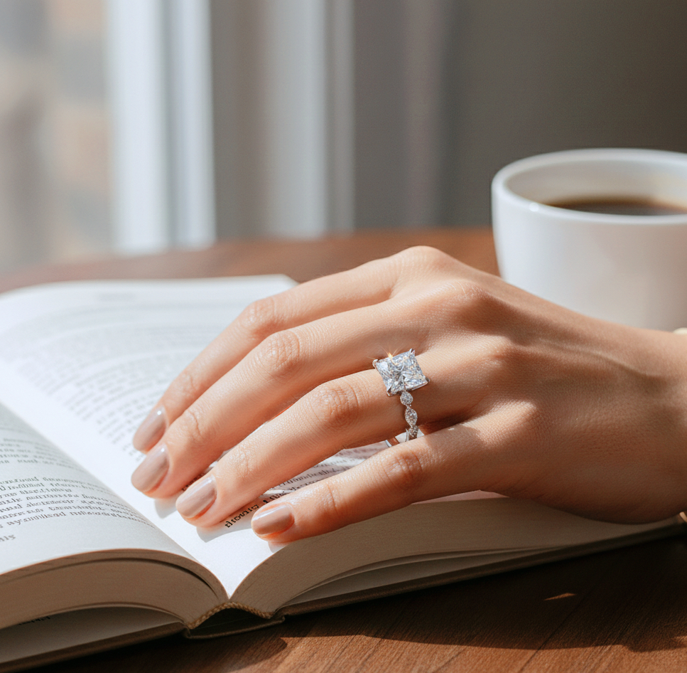 Radiate—Still Light Ring | Princess-Cut Lab-Grown Diamond | Versailles Half Coverage Pave Ring in 18K White Gold