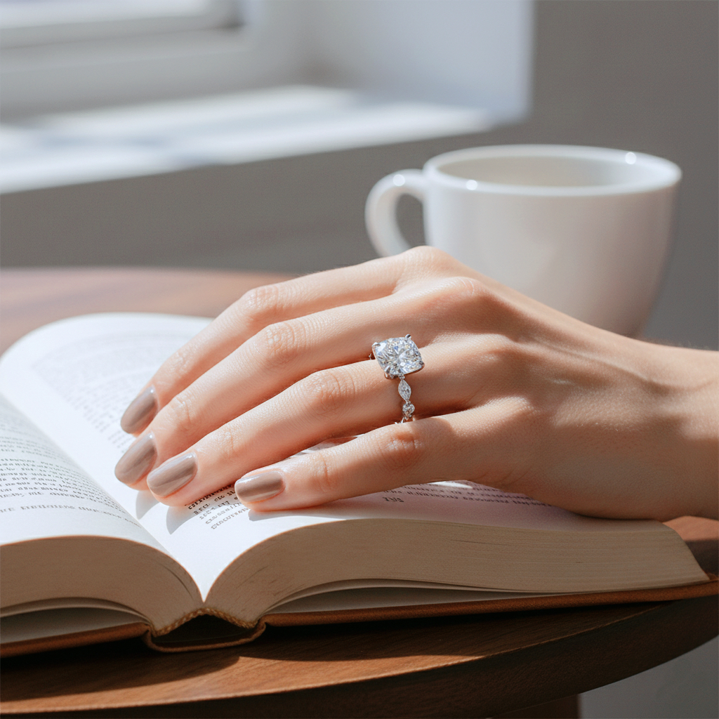 Ascend—Still Light Ring | Cushion-Cut Lab-Grown Diamond | Versailles Half Coverage Pave Ring in 18K White Gold