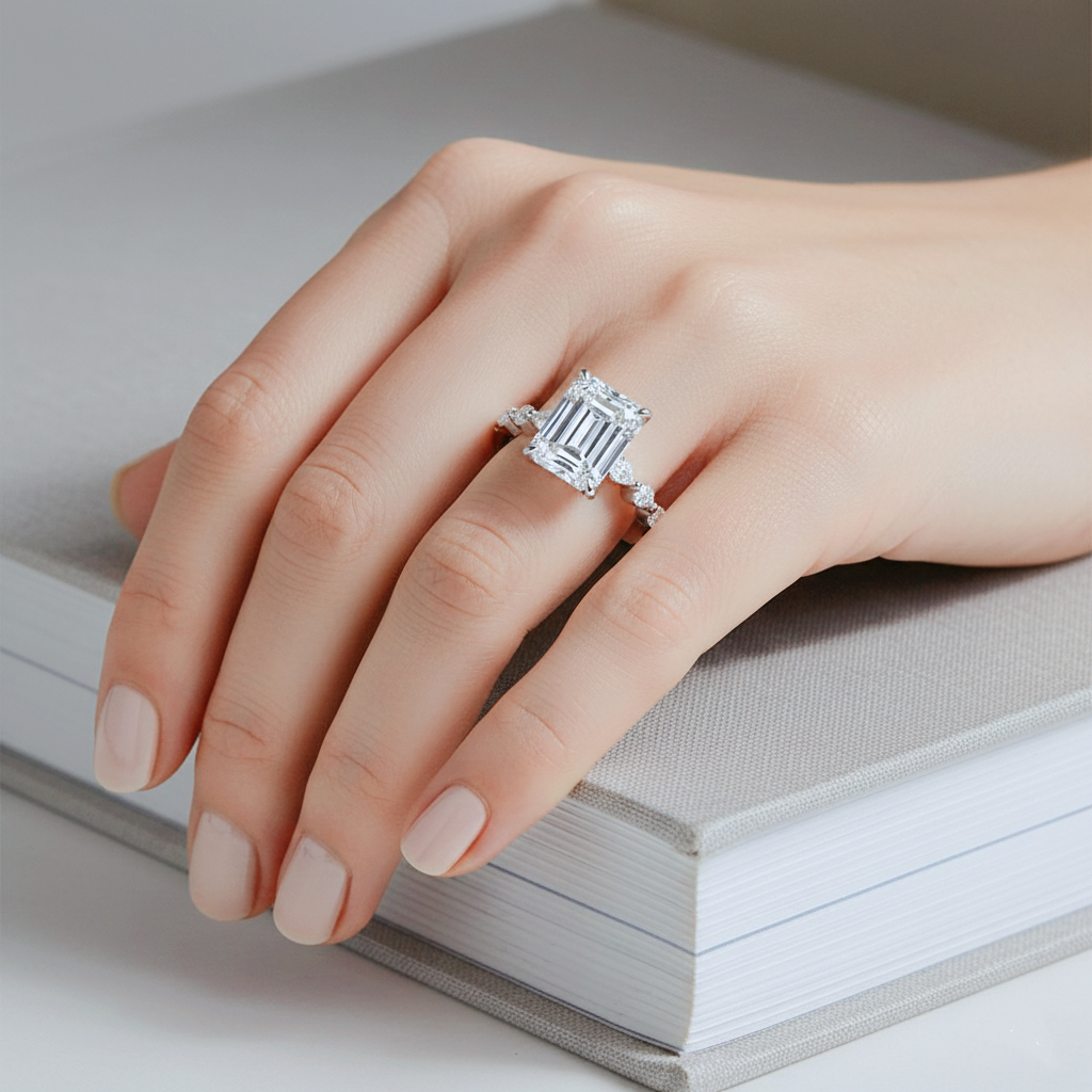 Ascend—Still Light Ring |Emerald-Cut Lab-Grown Diamond | Versailles Half Coverage Pave Ring in 18K White Gold