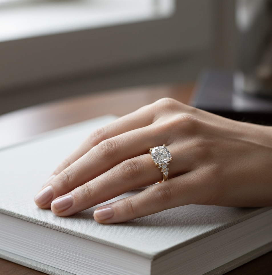 Ascend—Crowned Still Ring | Cushion-Cut Lab-Grown Diamond | Pear and Round Diamonds Pave Ring in 18K Yellow Gold
