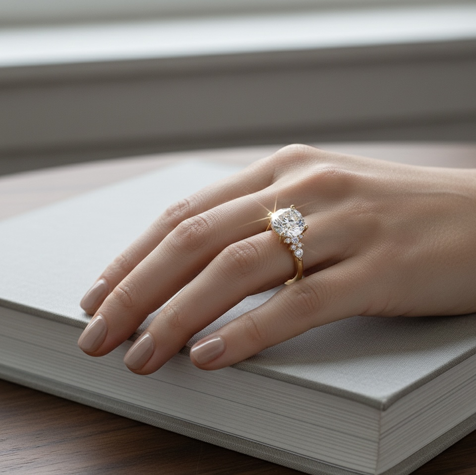 Bloom—Crowned Still Ring | Round-Cut Lab-Grown Diamond | Pear and Round Diamonds Pave Ring in 18K Yellow Gold