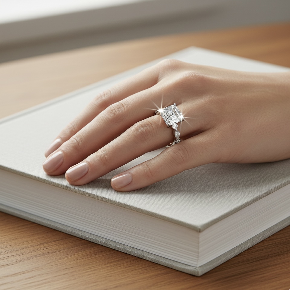 Ascend—Still Light Ring |Asscher-Cut Lab-Grown Diamond | Versailles Half Coverage Pave Ring in 18K White Gold