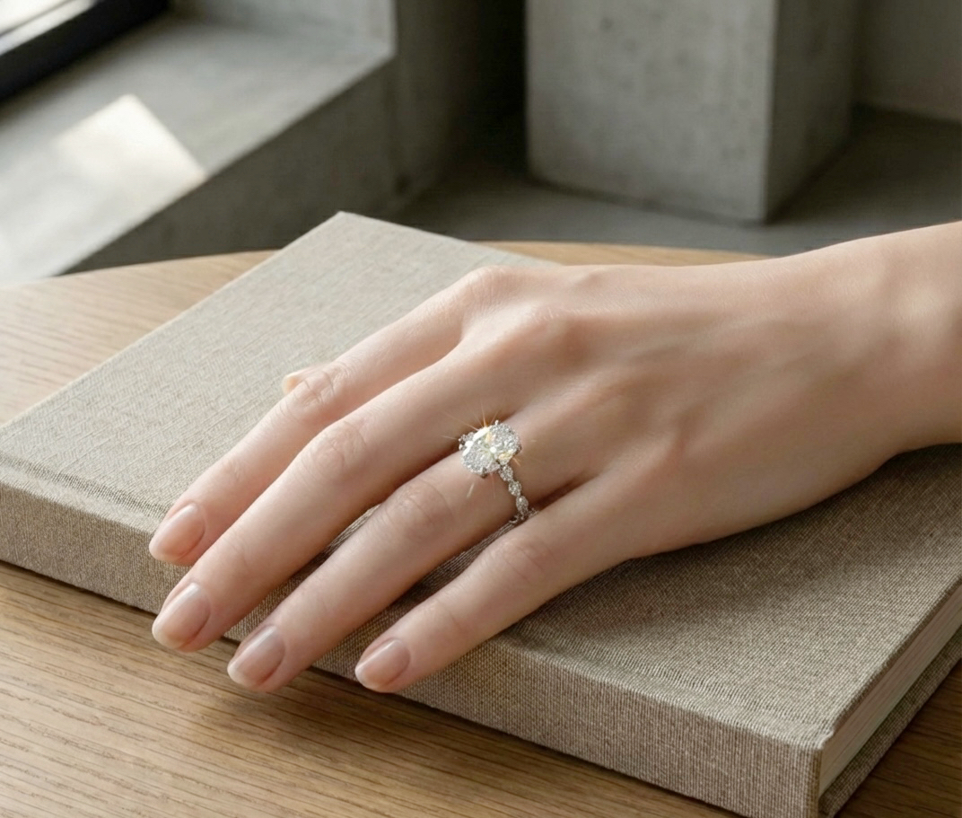 Bloom—Still Light Ring |Oval-Cut Lab-Grown Diamond | Versailles Half Coverage Pave Ring in 18K White Gold