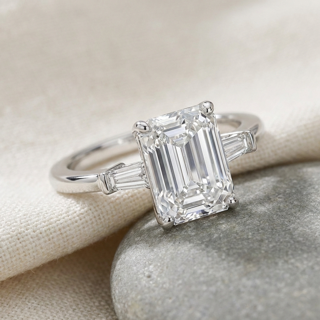 Ascend—Still Light Ring |Emerald-Cut Lab-Grown Diamond | Baguette Three Stone Ring in 18K White Gold