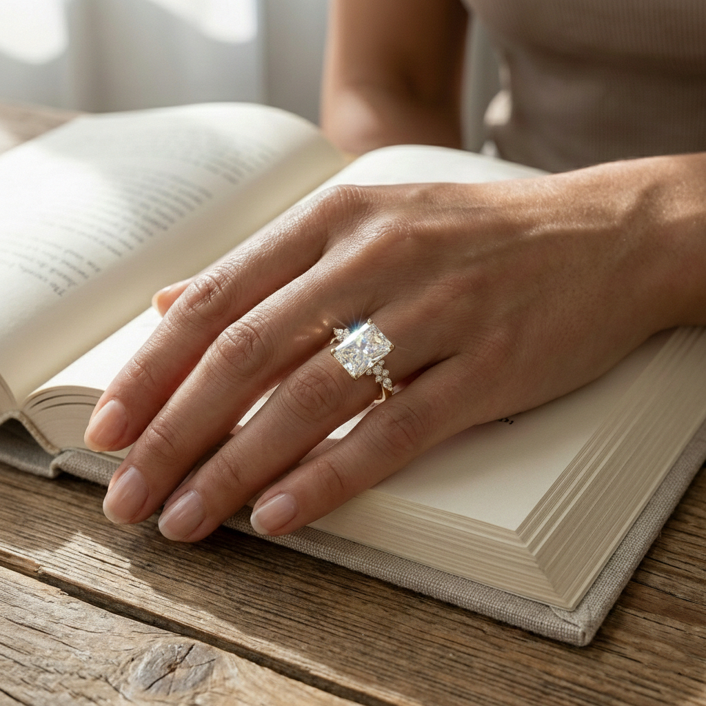 Radiate—Crowned Still Ring | Radiant-Cut Lab-Grown Diamond | Pear and Round Diamonds Pave Ring in 18K Yellow Gold