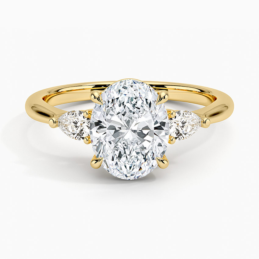 Bloom—Crowned Still Ring | Oval-Cut Lab-Grown Diamond | Pear Three Stone Diamonds Ring in 18K Yellow Gold
