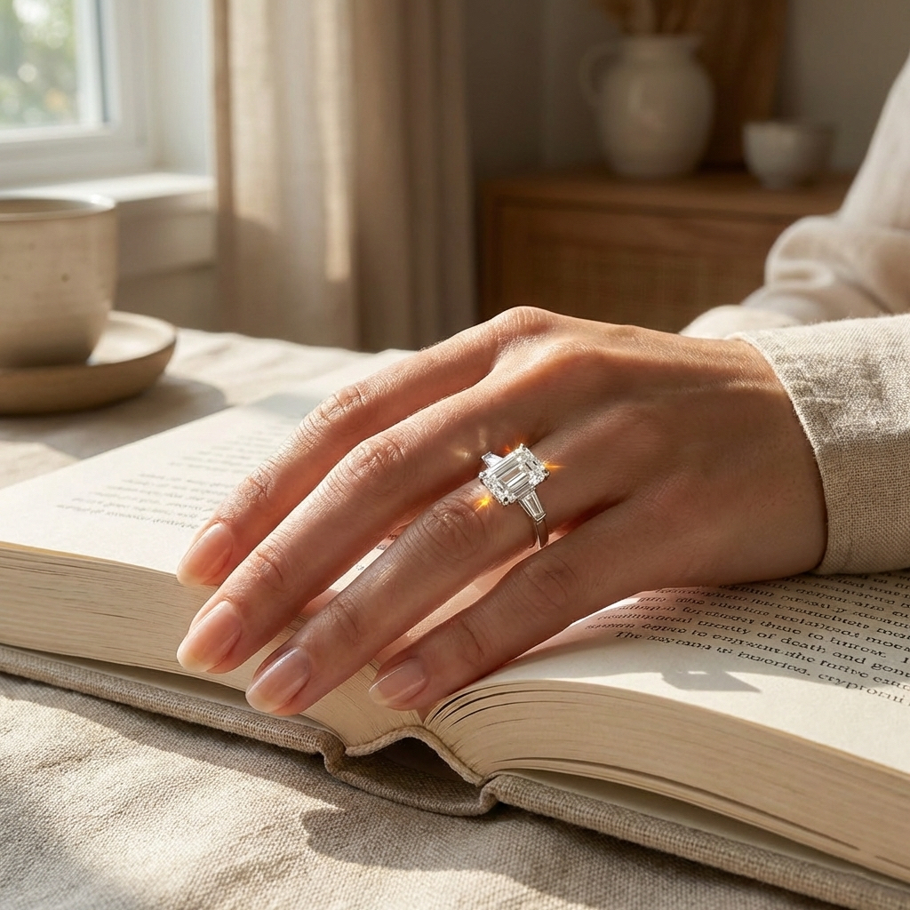 Ascend—Still Light Ring |Emerald-Cut Lab-Grown Diamond | Baguette Three Stone Ring in 18K White Gold