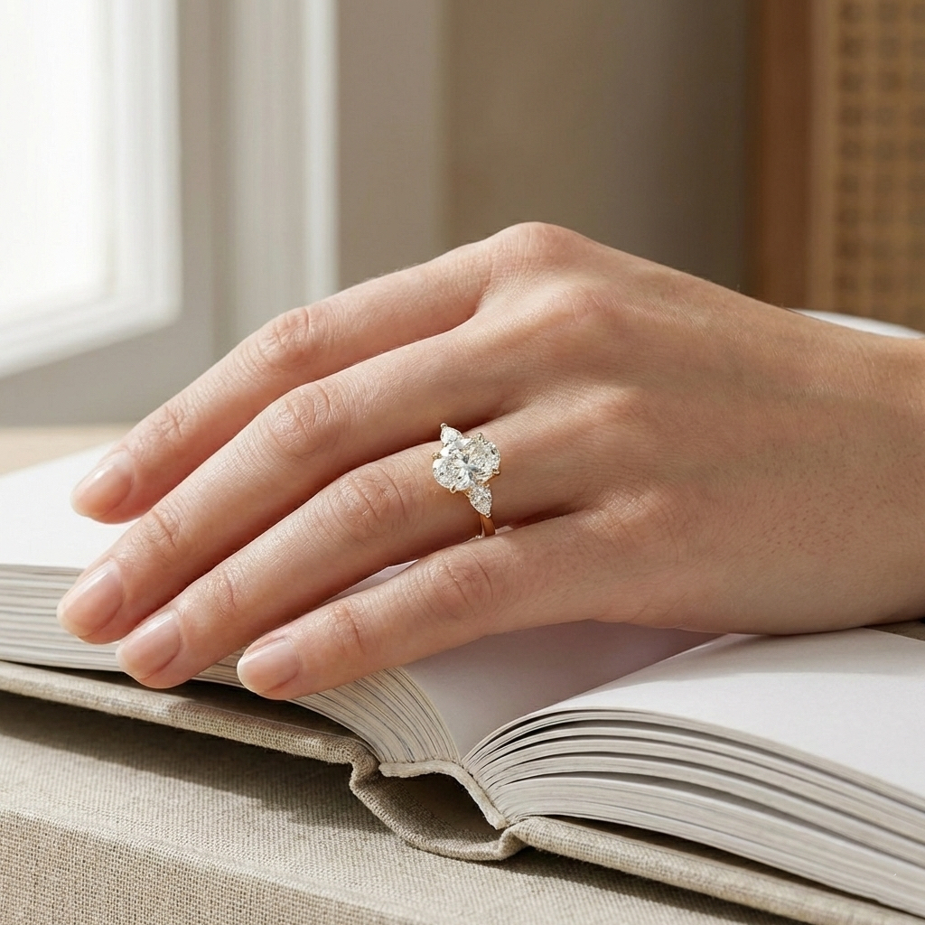 Bloom—Crowned Still Ring | Oval-Cut Lab-Grown Diamond | Pear Three Stone Diamonds Ring in 18K Yellow Gold