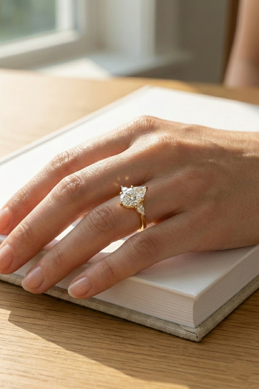 Bloom—Crowned Still Ring | Pear-Cut Lab-Grown Diamond | Pear Three Stone Diamonds Ring in 18K Yellow Gold