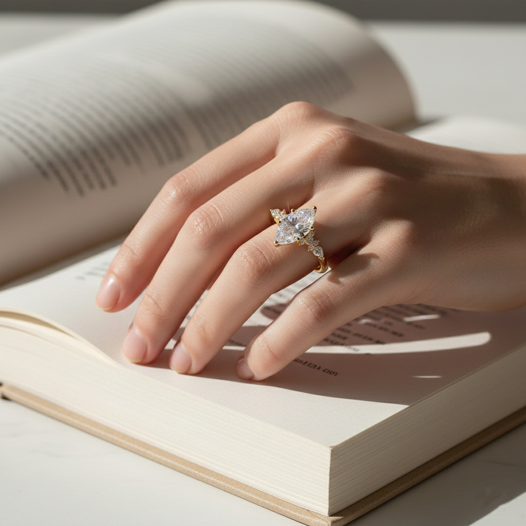 Ascend—Crowned Still Ring | Marquise-Cut Lab-Grown Diamond | Pear and Round Diamonds Pave Ring in 18K Yellow Gold