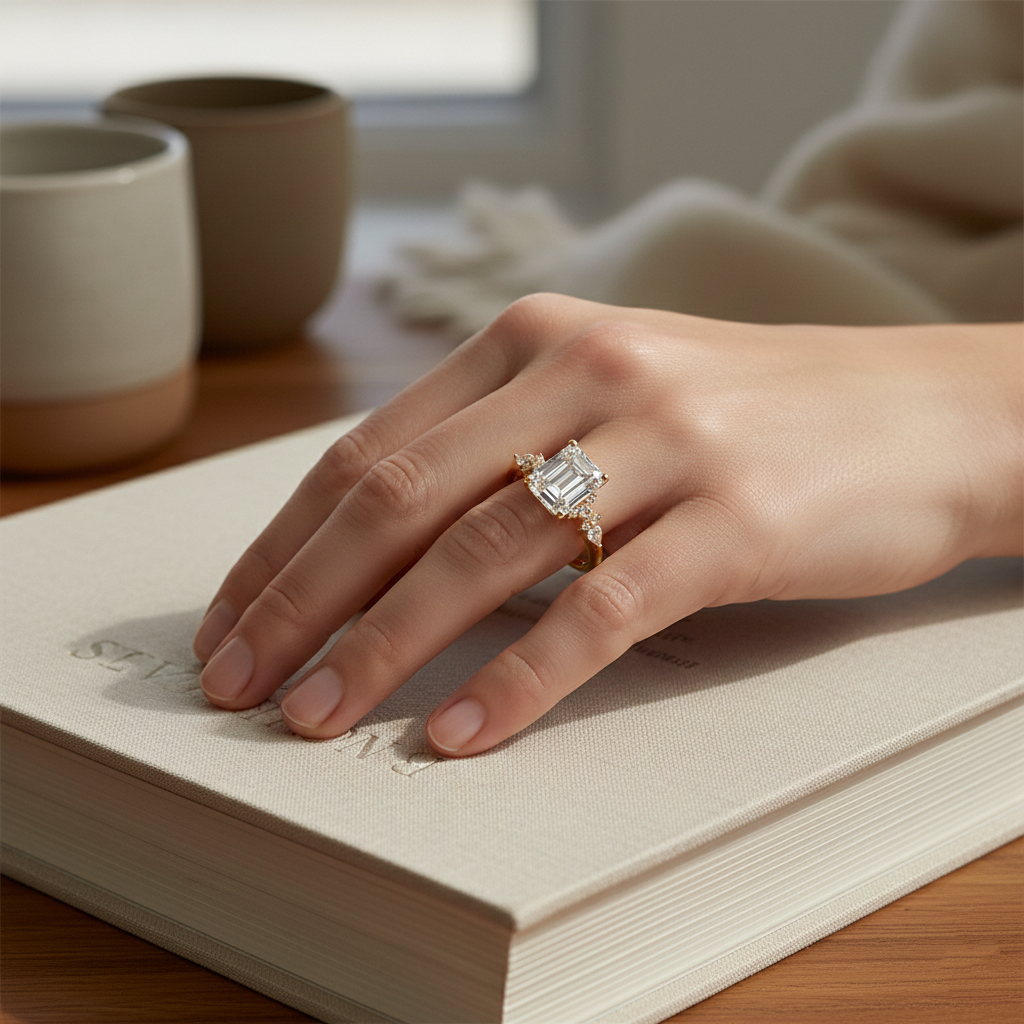 Ascend—Crowned Still Ring | Emerald-Cut Lab-Grown Diamond | Pear and Round Diamonds Pave Ring in 18K Yellow Gold