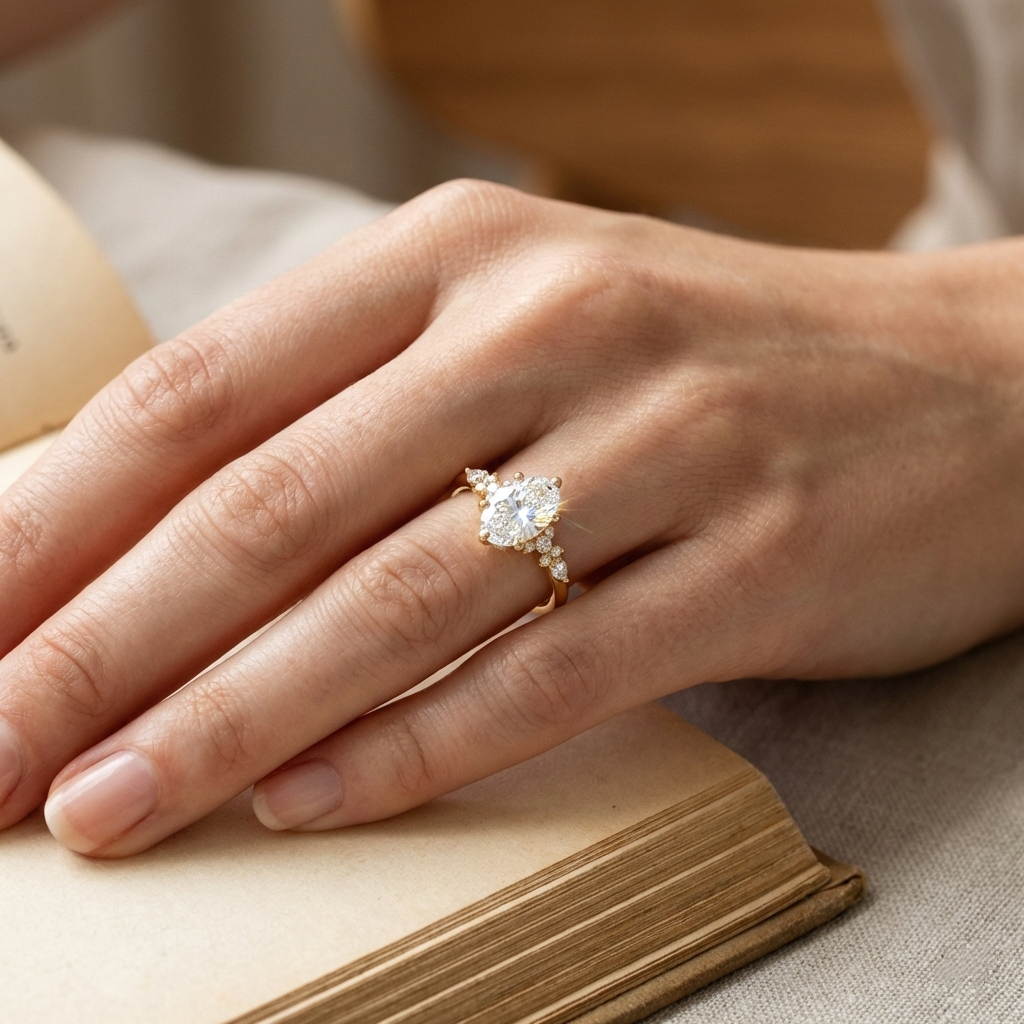 Bloom—Crowned Still Ring | Oval-Cut Lab-Grown Diamond | Pear and Round Diamonds Pave Ring in 18K Yellow Gold