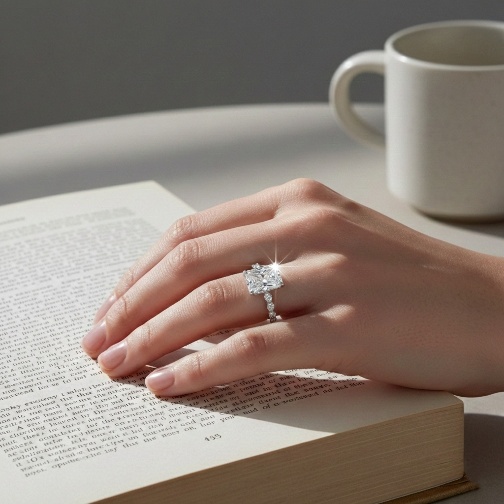 Radiate—Still Light Ring | Radiant-Cut Lab-Grown Diamond | Versailles Half Coverage Pave Ring in 18K White Gold