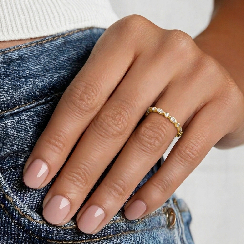 Milestone Band—Crown Still Ring  | Round Marquise -Cut Lab-Grown Diamond | Versailles Half Coverage Ring in 18K Yellow Gold