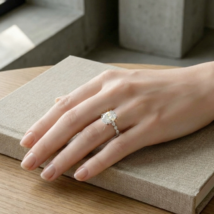 Bloom—Still Light Ring |Oval-Cut Lab-Grown Diamond | Versailles Half Coverage Pave Ring in 18K White Gold