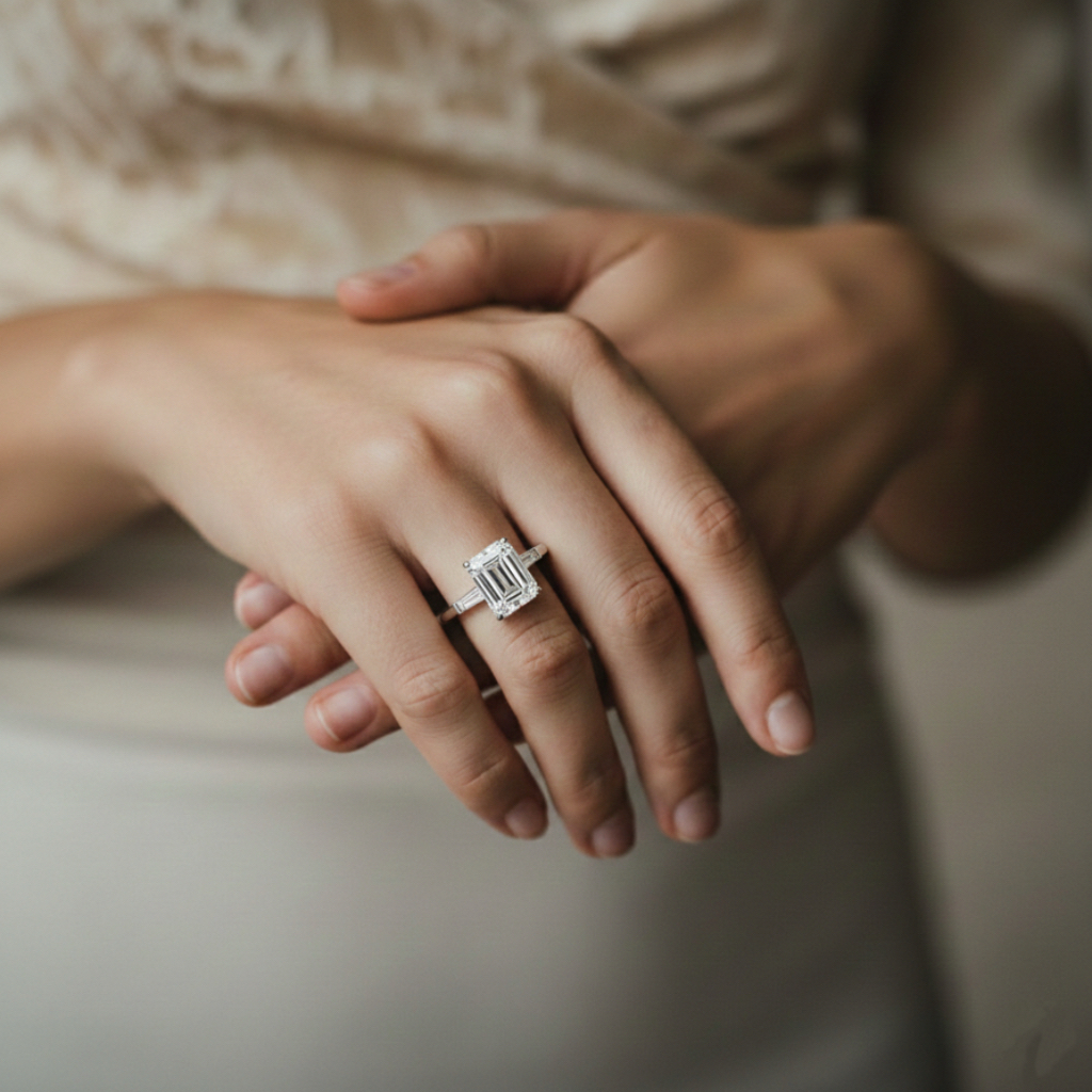 Ascend—Still Light Ring |Emerald-Cut Lab-Grown Diamond | Baguette Three Stone Ring in 18K White Gold