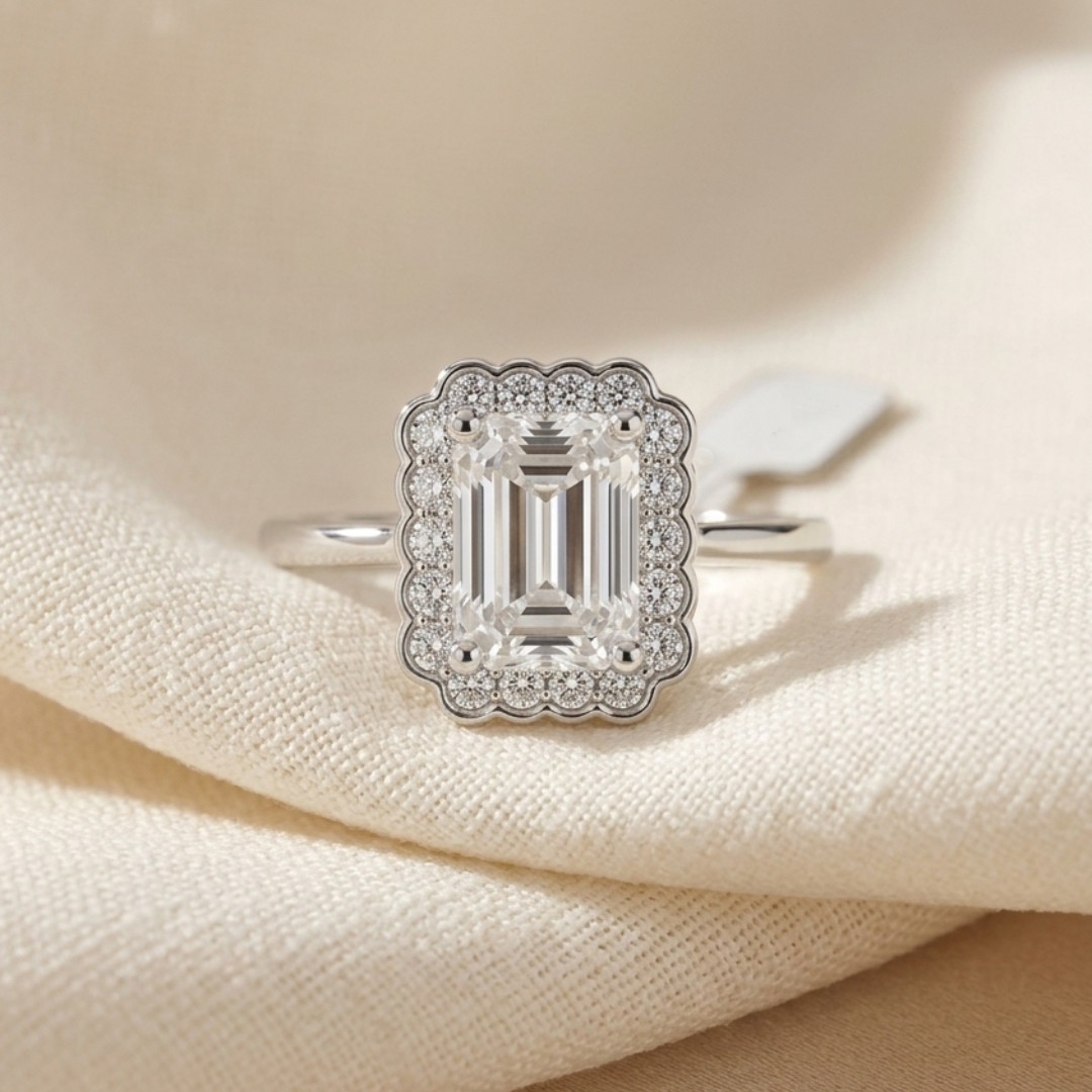 Ascend—Still Light Ring | Emerald Diamond in Floral Halo