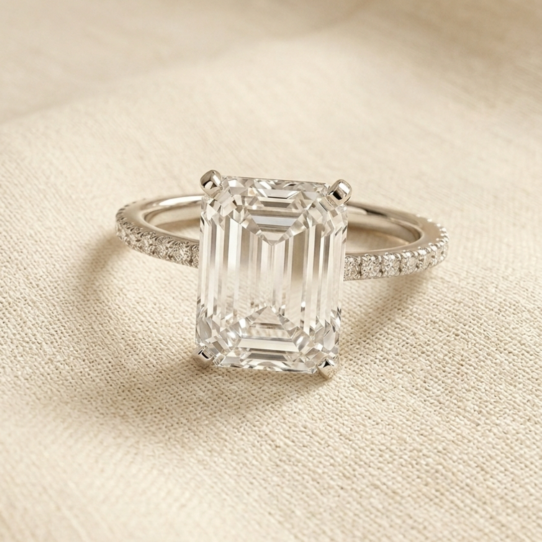 Ascend—Still Light Ring | Emerald Diamond in Three-Quarter Coverage