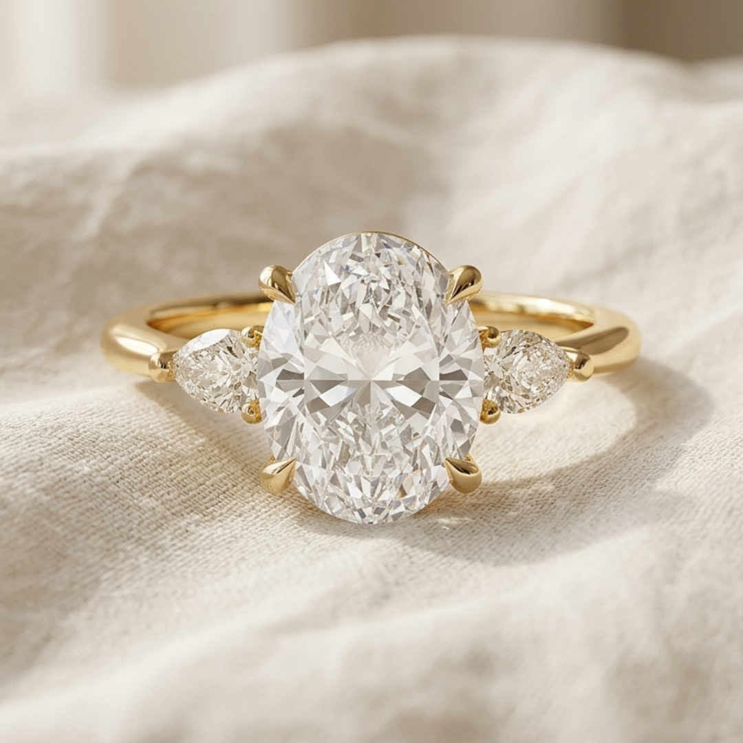 Bloom—Crowned Still Ring | Oval Diamond in Pear Three Stone