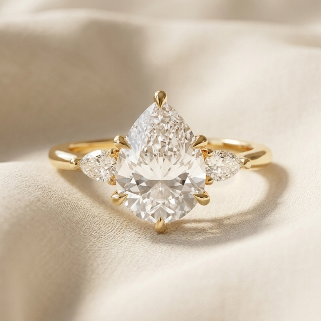 Bloom—Crowned Still Ring | Pear Diamond in Pear Three Stone