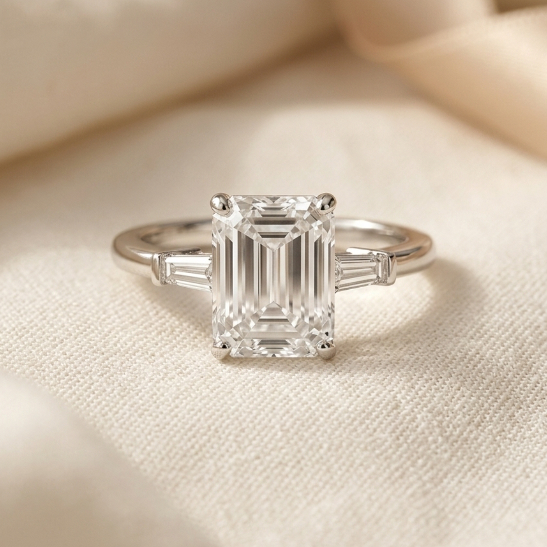 Ascend—Still Light Ring |Emerald Diamond in Baguette Three Stone