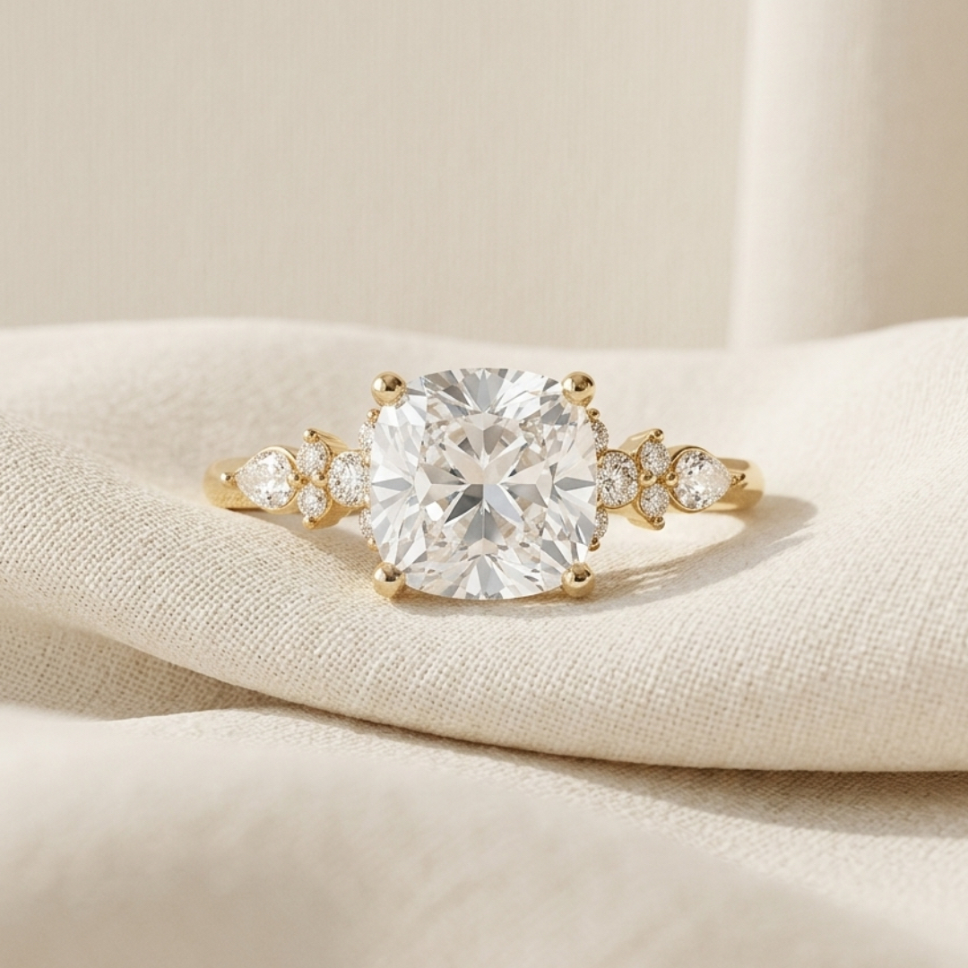 Ascend—Crowned Still Ring | Cushion Diamond in Pear and Round Coverage