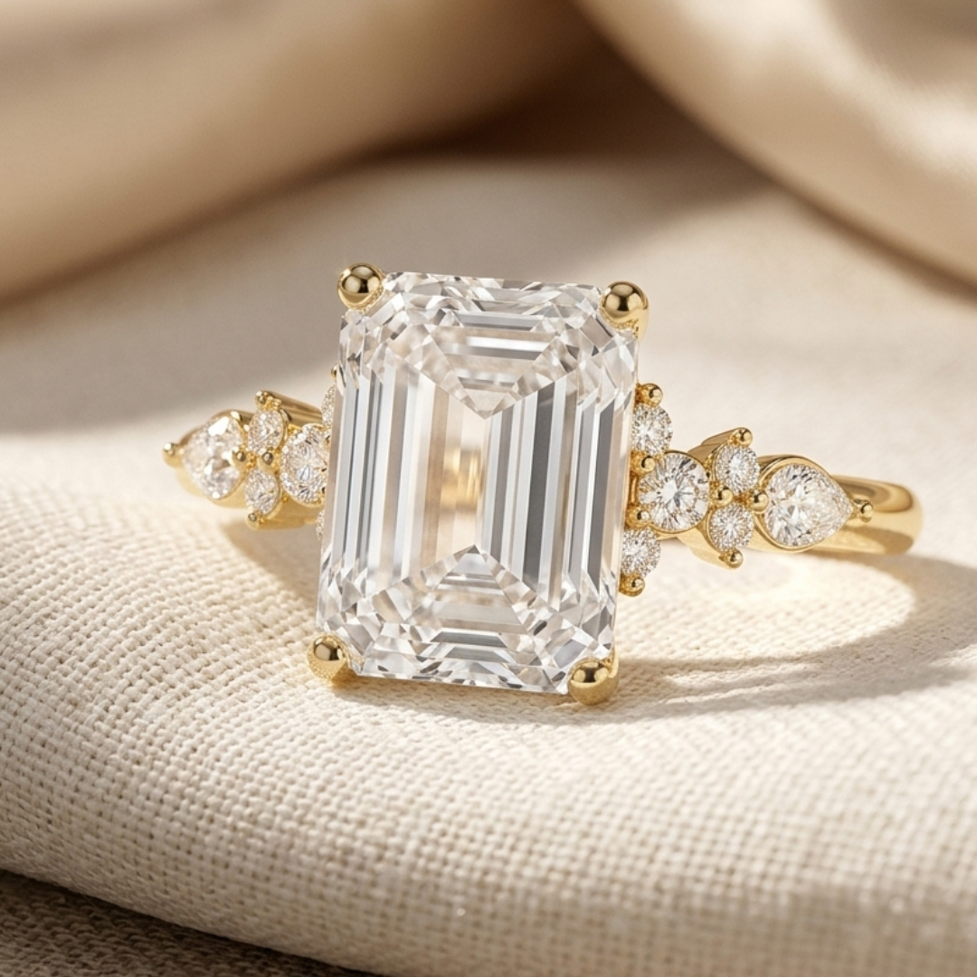 Ascend—Crowned Still Ring | Emerald Diamond in Pear and Round Coverage