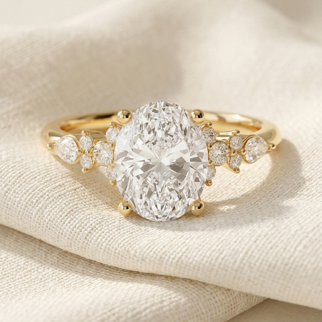 Bloom—Crowned Still Ring | Oval Diamond in Pear and Round Coverage