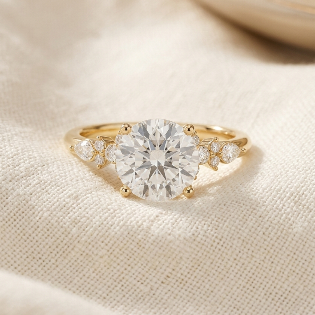 Bloom—Crowned Still Ring | Round Diamond in Pear and Round Coverage