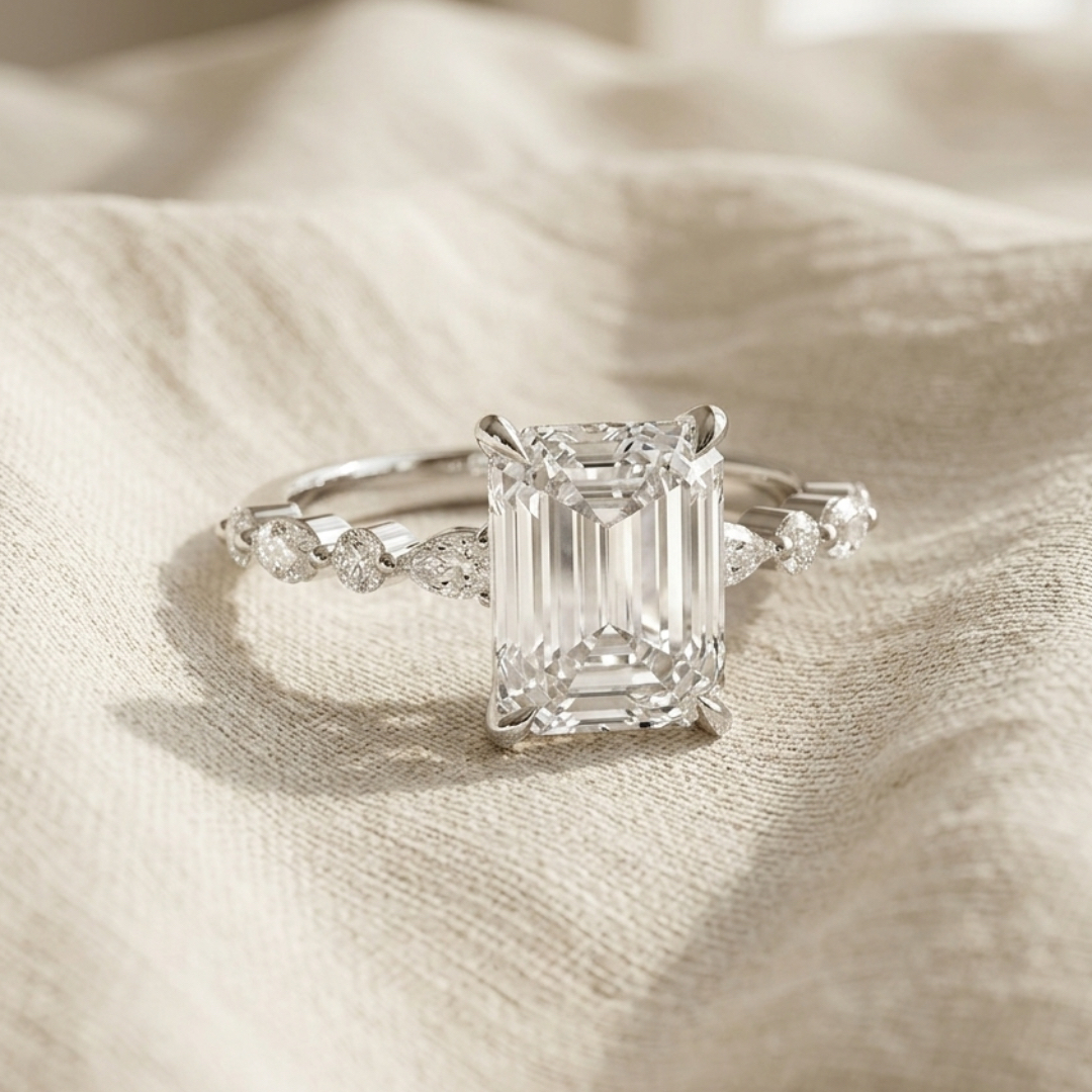 Ascend—Still Light Ring | Emerald Diamond in Round Marquise Coverage