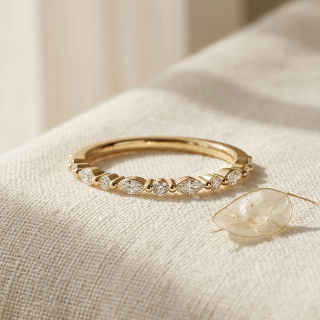 Milestone Band—Crowned Still Ring | Round Marquise in Half Coverage