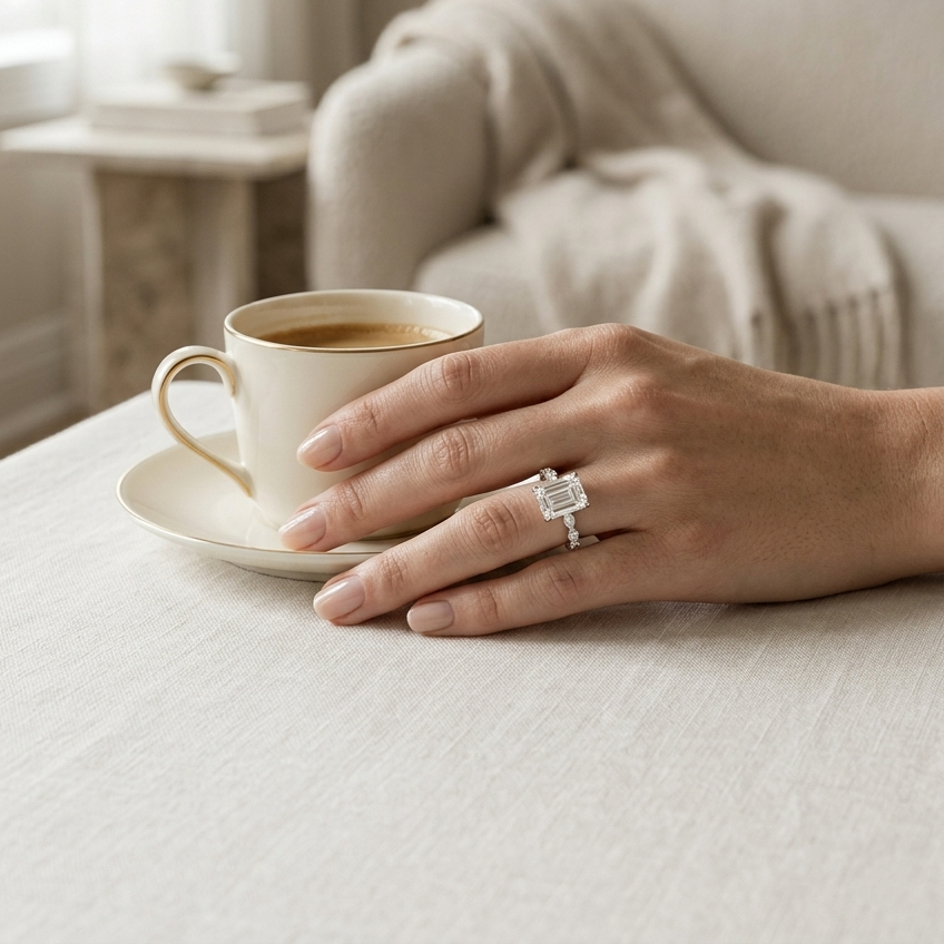 Ascend—Still Light Ring | Emerald Diamond in Round Marquise Coverage