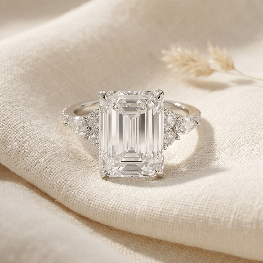 Ascend—Still Light Ring | Emerald Diamond in Round Marquise Pave