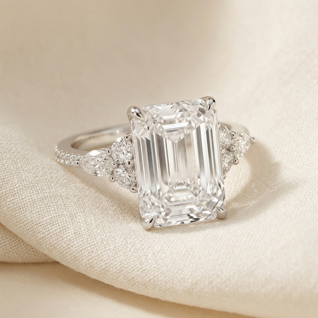 Ascend—Still Light Ring | Emerald Diamond in Round Marquise Pave