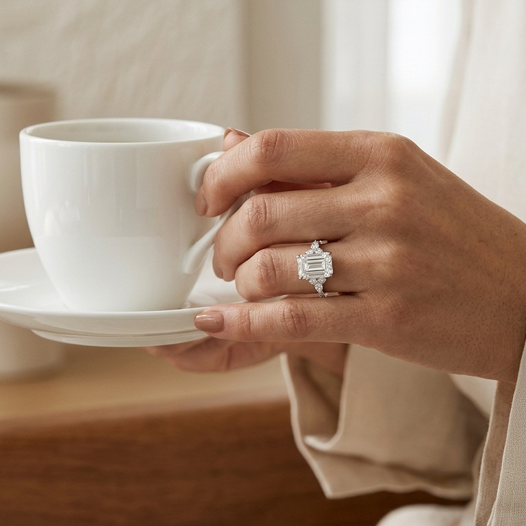 Ascend—Still Light Ring | Emerald Diamond in Round Marquise Pave