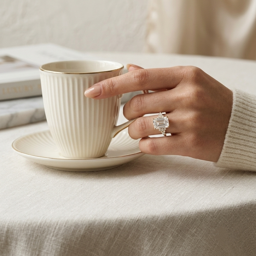 Ascend—Crowned Still Ring | Emerald Diamond in Pear and Round Coverage