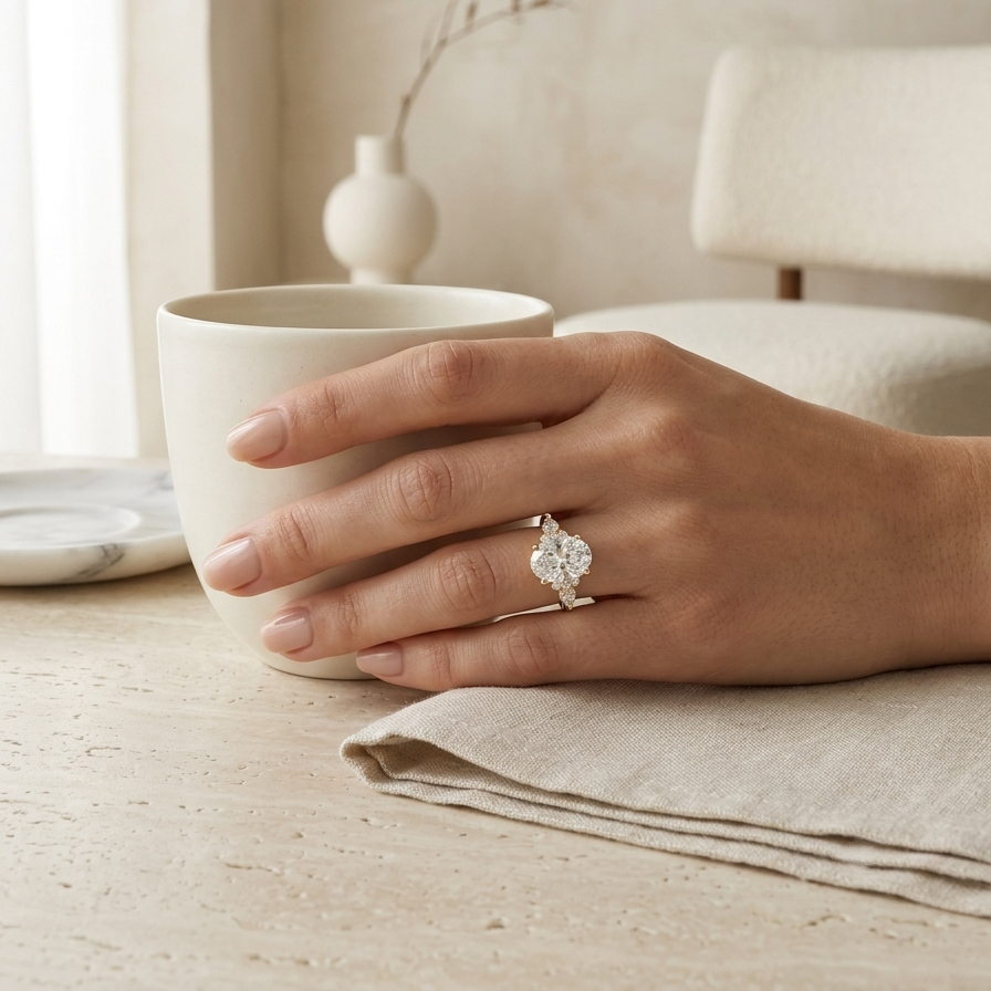 Bloom—Crowned Still Ring | Oval Diamond in Pear and Round Coverage
