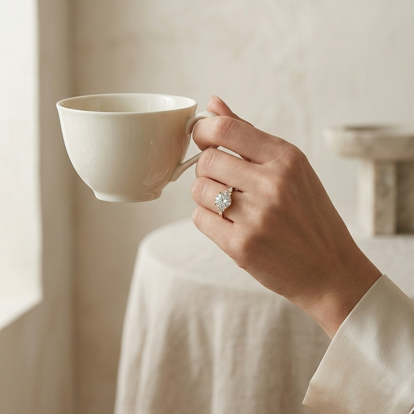Bloom—Crowned Still Ring | Round Diamond in Pear and Round Coverage