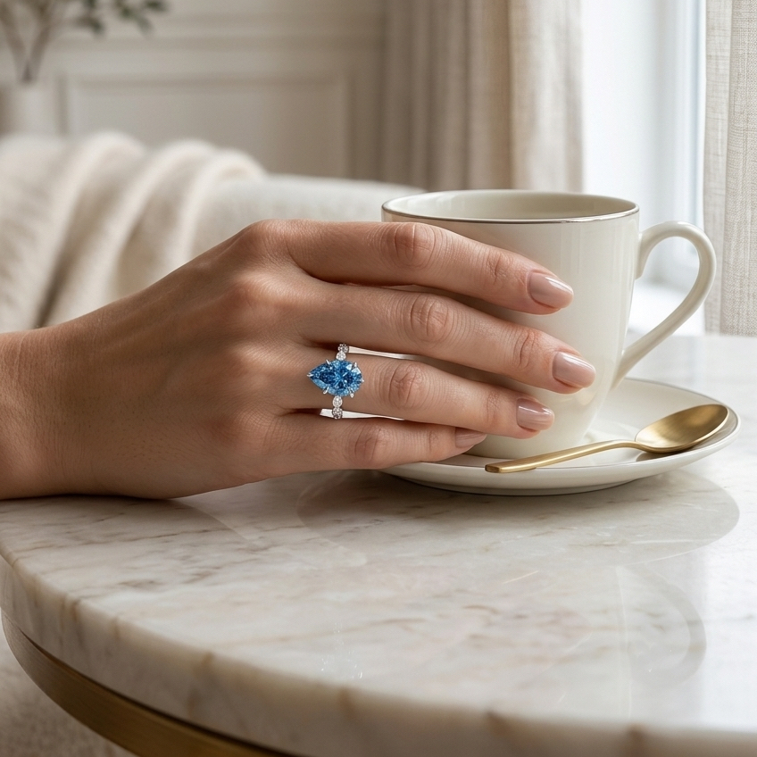 Bloom—Aura Ring | Blue Pear Diamond in Round Marquise Coverage